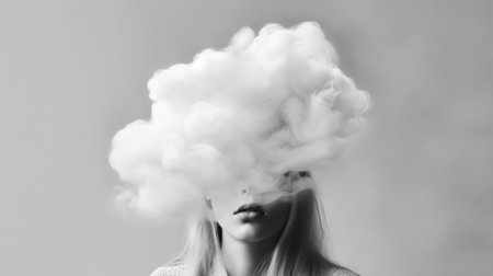A woman with smoke emanating from her head in a black and white photograph. Created with Generative AI technologyの素材