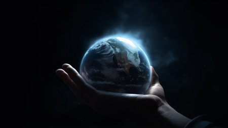 Hand holding planet earth, earth day concept, environment preservation concept. Created with Generative AI technologyの素材