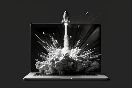 Rocket taking off from laptop screen on black background, startup concept. Created with Generative AI technologyの素材