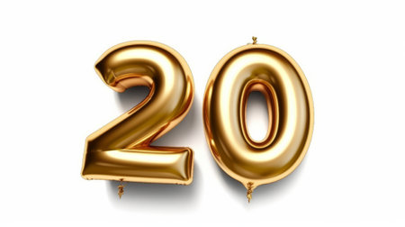 Gold balloons forming the number 20 on a white background. Created with Generative AI technologyの素材