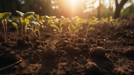 The seedlings grow from fertile soil and the morning. Created with Generative AI technologyの素材