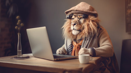 Studio photo portrait of a happy lion in hipster clothes working in internet using laptop. Created with Generative AI technologyの素材