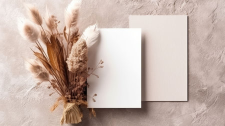 Wooden photo frame mockup with dry plant on beige background. Autumn composition. Flat lay, top view, copy space. Created with Generative AI technologyの素材
