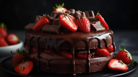 Chocolate cake with strawberry. Created with Generative AI technologyの素材