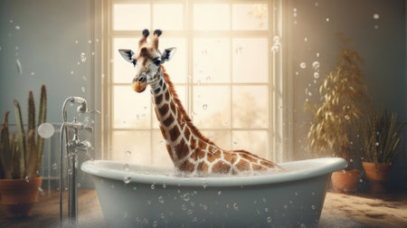 Giraffe taking a bath in a bathtub with foam, concept of Animal hygiene and Domestication of wild animals. Created with Generative AI technologyの素材