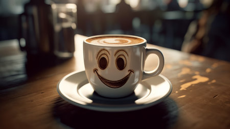 View of a coffee cup with a happy face drawn on cream. Created with Generative AI technologyの素材