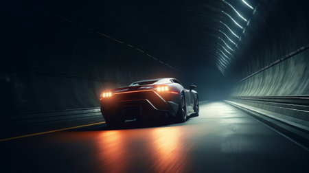 Racing car at high speed riding in illuminated road tunnel. Created with Generative AI technologyの素材