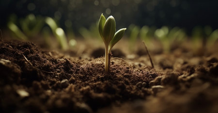 Green young plant sprout growing in the ground Generative AI. Created with Generative AI technologyの素材