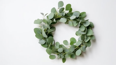 A simple wreath made of green leaves on a clean white background. Created with Generative AI technologyの素材