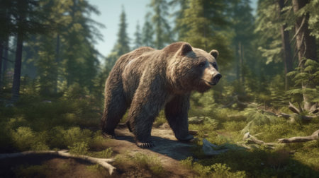 Painting of a cute bear in the forest. Created with Generative AI technologyの素材