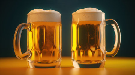 illustration of the keg of beer and two mugs. Created with Generative AI technologyの素材