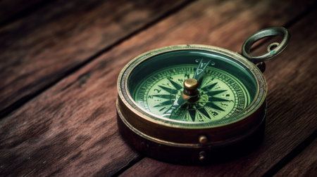 Compass navigator journey travel to destination on wwod background. Created with Generative AI technologyの素材