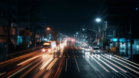 Transportation at night with commuting vehicle traffic. Created with Generative AI technologyの素材