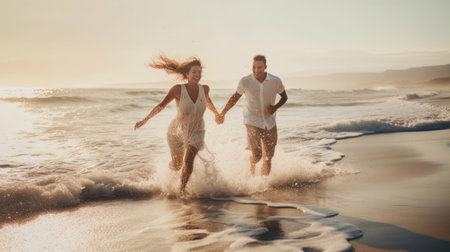 Happy couple running to the sea with splashes of water. Created with Generative AI technologyの素材