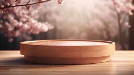 Empty circle podium, wooden circle with spring cherry. Podium for product presentation. Empty podium with sakura in the background. Created with Generative AI technologyの素材