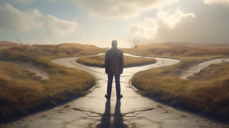 Choices of a businessman at a crossroads. Concept of decision. Created with Generative AI technologyの素材