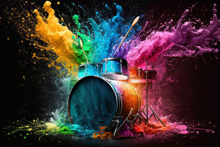Drum set with stage light and colors. Drum kit. Music performance. Created with Generative AI technologyの素材