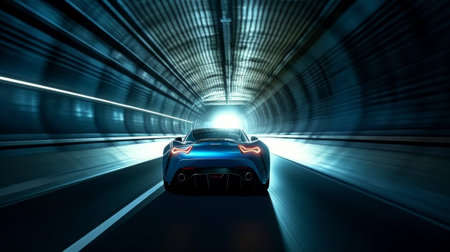 Racing car at high speed riding in illuminated road tunnel. Created with Generative AI technologyの素材