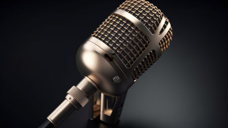 An old fashioned microphone on a stand against a black background. Created with Generative AI technologyの素材