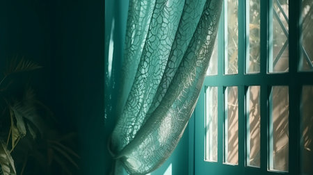 Turquoise blue curtain drape in sunlight window grill. Created with Generative AI technologyの素材