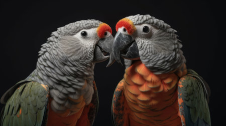 Studio portrait of two happy parrots in casual clothes kissing? Generative ai. Created with Generative AI technologyの素材