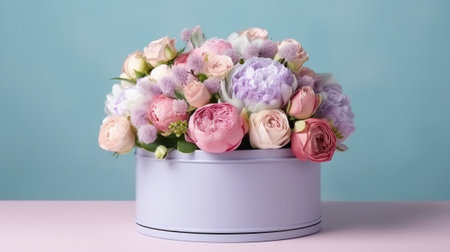 A beautiful floral arrangement in a white vase with pink and purple flowers. Created with Generative AI technologyの素材