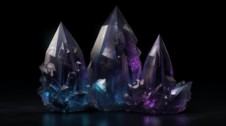 Purple and blue crystal cluster on a tabletop. Created with Generative AI technologyの素材