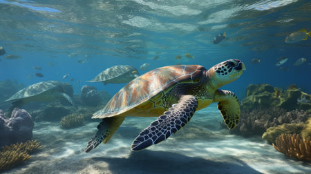 Calm sea turtle swimming amongst the coral reefs just under the surface, sunlight breaking through the waves - Generative AI. Created with Generative AI technologyの素材
