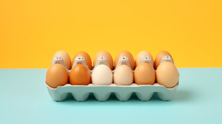 A dozen eggs in a carton on a blue and yellow background. Created with Generative AI technologyの素材