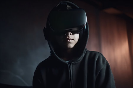 Close-up boy a virtual reality helmet. Child getting experience in using VR 360. Created with Generative AI technologyの素材