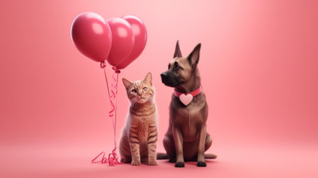 Cute dog and cat with valentine heart shape balloon on pink background. Created with Generative AI technologyの素材