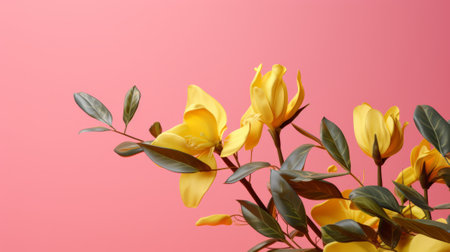 A bouquet of yellow flowers on a pink background. Created with Generative AI technologyの素材