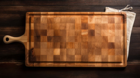Wooden chopping board on wooden background. Created with Generative AI technologyの素材