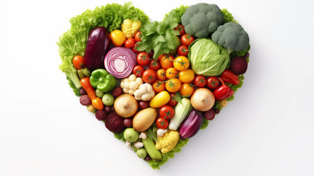 A heart-shaped vegetable arrangement on a white background. Created with Generative AI technologyの素材