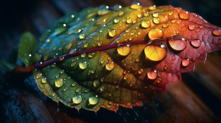 Raindrops on rainbow flower leaf detail illustration generative ai. Created with Generative AI technologyの素材