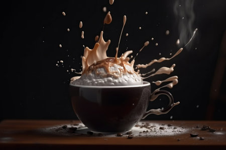 A cup of hot chocolate with steam rising out of the top of the cup and steam rising out of the top of the cup on a saucer. Created with Generative AI technologyの素材
