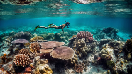Two snorkelers discovering underwater life and corals. Created with Generative AI technologyの素材
