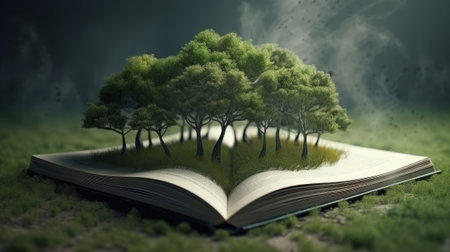 Abstract green trees and ground in book earth day. Created with Generative AI technologyの素材