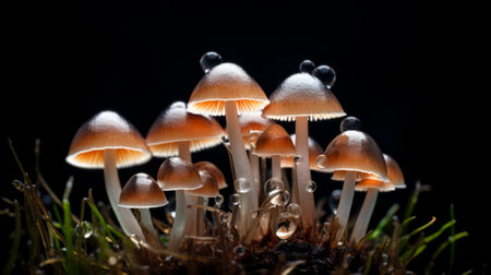 A group of mushrooms growing out of the ground. Created with Generative AI technologyの素材