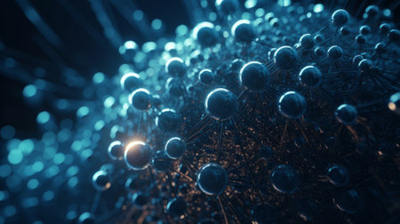 Digital dynamic cyber wave. Abstract futuristic blue background with dots and lines. Big data visualization. 3D rendering. Created with Generative AI technologyの素材