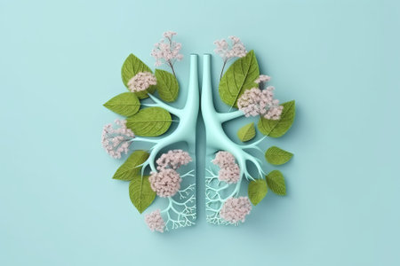 Lungs made of fresh flowers and leaves, on light blue background. Created with Generative AI technologyの素材