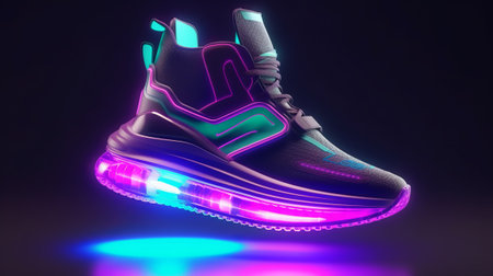 Glowing sneakers in the dark with neon colors. Created with Generative AI technologyの素材