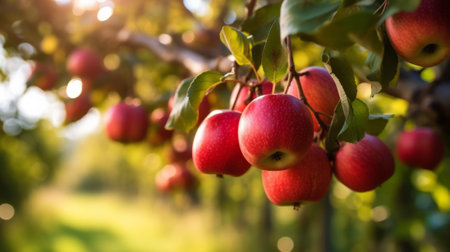 A vibrant tree bursting with ripe red apples. Created with Generative AI technologyの素材