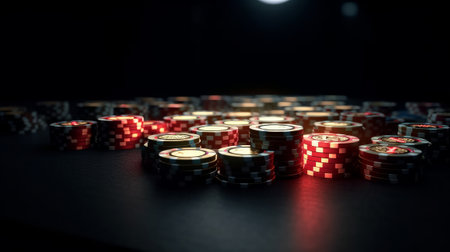 Casino poker chips with rays of light isolated on dark background. Created with Generative AI technologyの素材