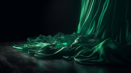 A mysterious dark room with a striking green curtain and a black floor. Created with Generative AI technologyの素材