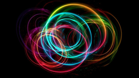 Multicolored circles on black background. Created with Generative AI technologyの素材