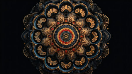 Beautiful mandala on black background. Created with Generative AI technologyの素材