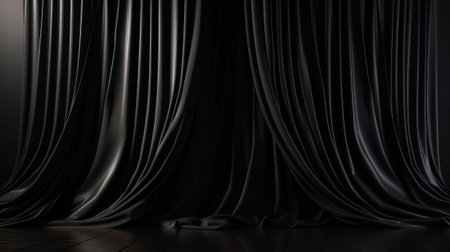 A dimly lit room with black curtains and a wooden floor. Created with Generative AI technologyの素材