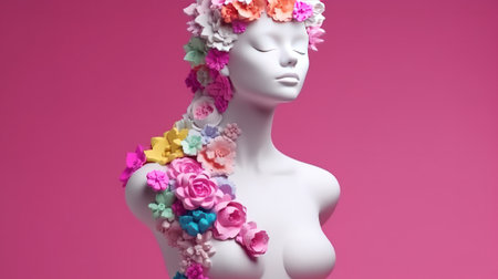 A white mannequin with a floral crown on its head. Created with Generative AI technologyの素材