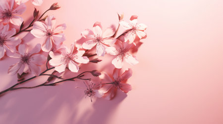 A branch of pink flowers on a pink background. Created with Generative AI technologyの素材